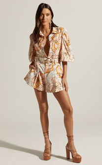 Amalie The Label - Noemie Linen Blend High Waisted Belted Tailored Shorts in Maison Fleur