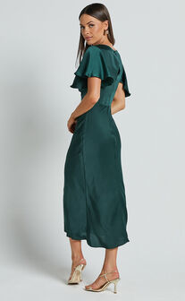 Amartina Midi Dress - V Neck Twist Bodice Flutter Sleeve Dress in Forest Green