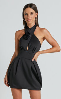 Carla Mini Dress - Halter Tie Neck Rosette Detail Dress in Black