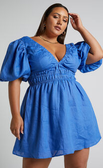 Amalie The Label - Khaila Linen Plunge Puff Sleeve Mini Dress in Azure Blue