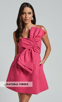 Chika Mini Dress - Linen Look Strapless Front Bow Dress in Peony Pink