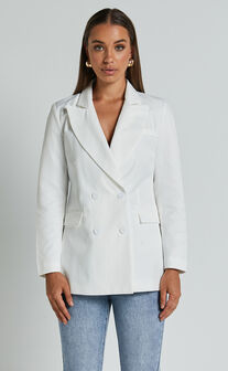 Harriet Blazer- Linen Look Double Breasted Oversized Blazer in White