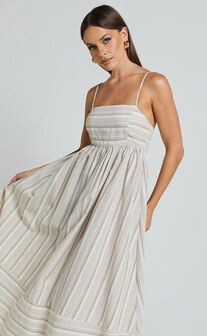 Katheryn Midi Dress - Strappy Straight Neck A Line Gathered Dress in Beige and Natural Stripe