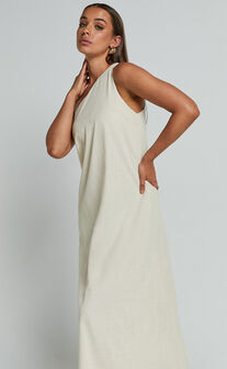 Shammae Midi Dress - One Shoulder Linen Sleeveless Dress in Beige