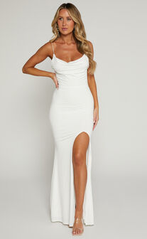 Tasteful Midi Dress - Cowl Neck Bodycon Thigh Split Dress in White